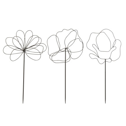 Lot de 3 décorations de jardin en forme de fleur en métal noir 35x1x73 cm
