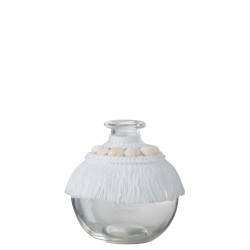 Vase avec coquillages et textile en verre blanc 9x9x10 cm