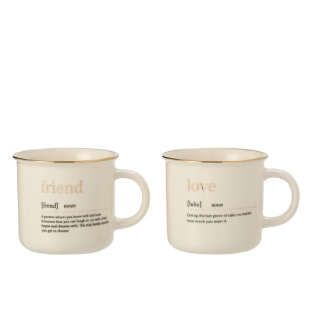 Lote de 2 tazas con inscripción de amigo y amor en cerámica blanca y dorada de 9 cm de altura