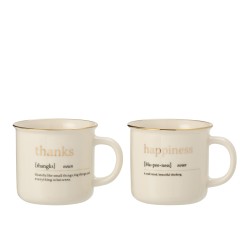 Lot de 2 mugs avec inscription happiness et thanks en céramique blanche et or H9cm