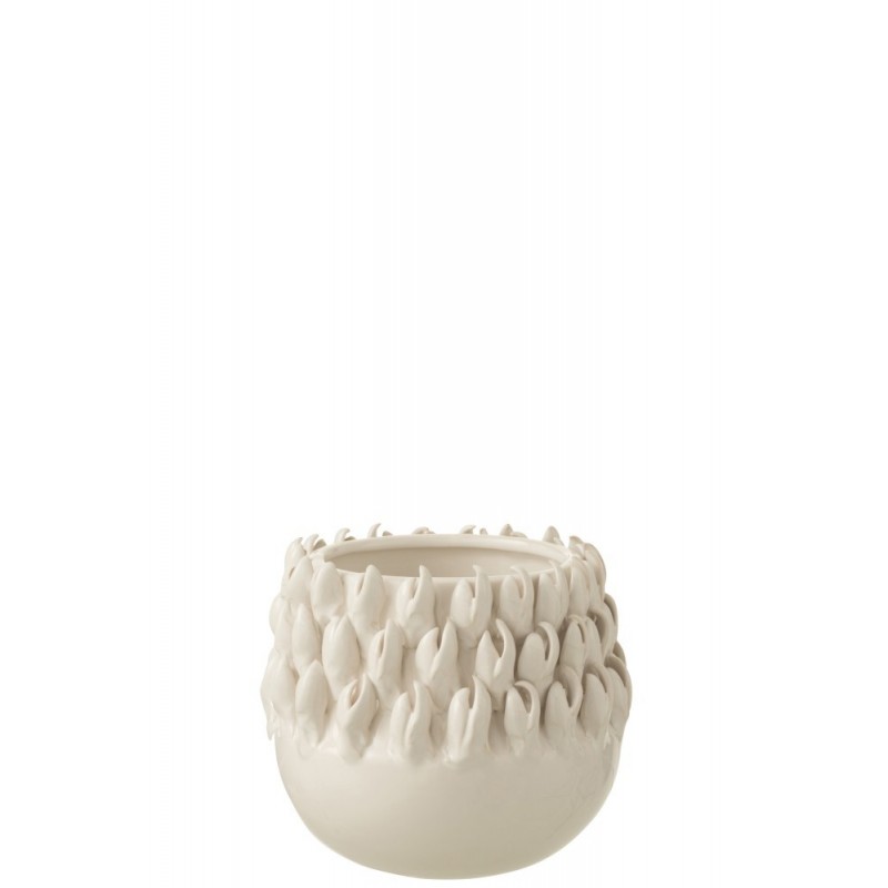 Cachepot rond en céramique blanche avec bord en coquillage