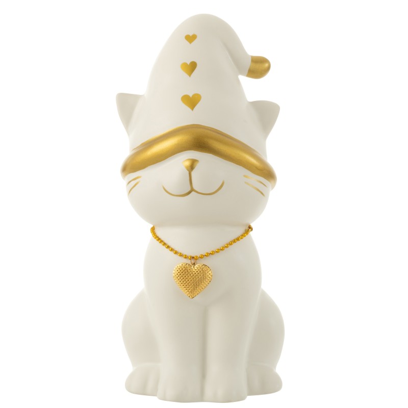 Chat con sombrero de porcelana blanco y dorado de 16.2x13.6x29.4 cm