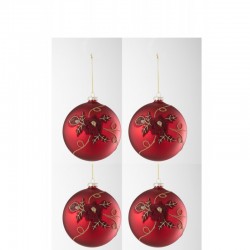 Caja de 4 bolas de Navidad de vidrio rojo de 12x12x12 cm