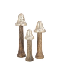 Set de 3 champignons fins en bois marron et doré 8x8x31 cm