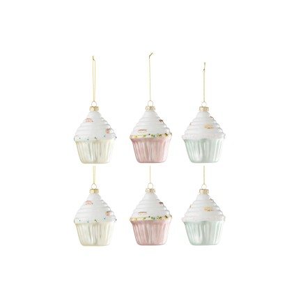 Boite de 6boules de Noël cake en verre multicouleur 7.5x7.5x10 cm