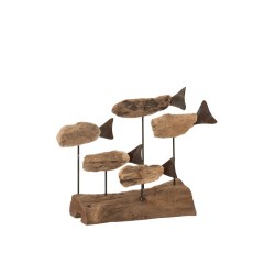 5 poissons sur socle en bois naturel 25x10x22 cm