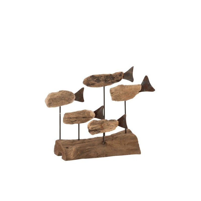 5 poissons sur socle en bois naturel 25x10x22 cm