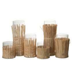 Set de 2 vases avec raffia en verre multicouleur 9x9x10 cm