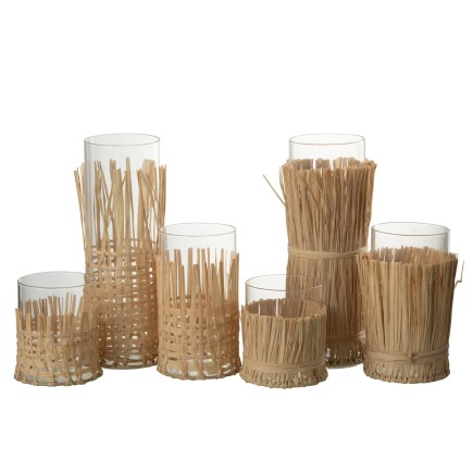Set de 2 vases avec raffia en verre multicouleur 9x9x10 cm