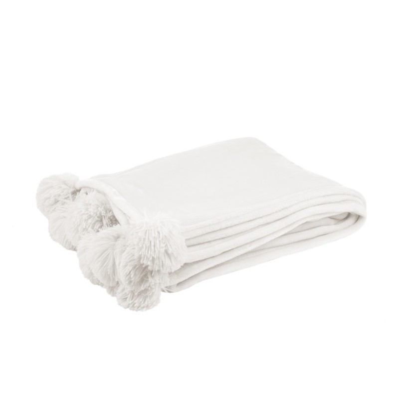 Plaid Pompon Polyester Blanc