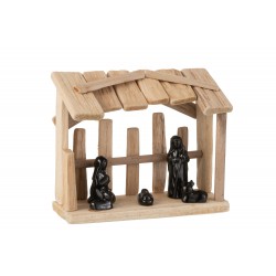 Crèche de Noël en bois naturel avec personnage en céramique noir