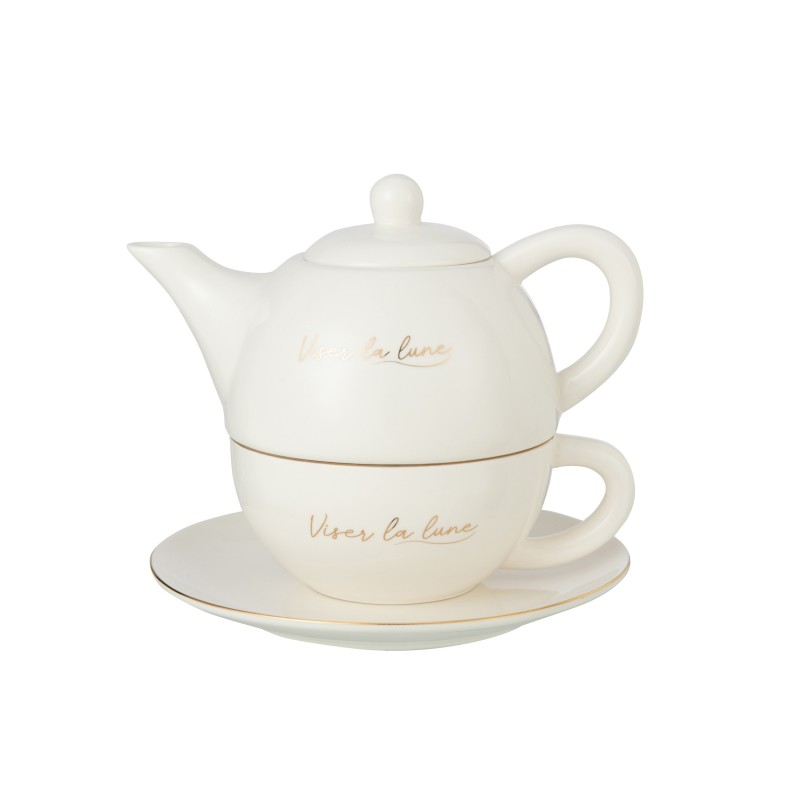 Tetera con taza y platillo de porcelana blanca de 19x12x16 cm