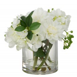 Dalia hortensia artificial en jarrón redondo de plástico blanco de 28x23x24 cm