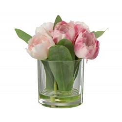 Bouquet de tulipes artificiel dans vase rond en plastique rose 17x17x20 cm