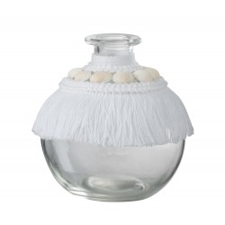 Vase avec coquillages et textile en verre blanc 9x9x10 cm