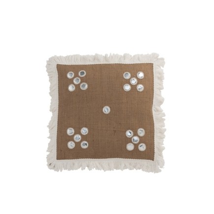 Coussin avec mini-miroirs et franges en jute naturel L46cm - Coussin d'extérieur