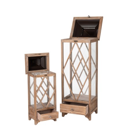 Lote de 2 faroles marrones de cristal y metal 34x28x111 cm