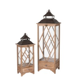 Lote de 2 faroles marrones de cristal y metal 34x28x111 cm