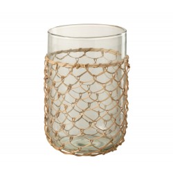 Vase avec filet rotin en verre transparent 14x14x21 cm