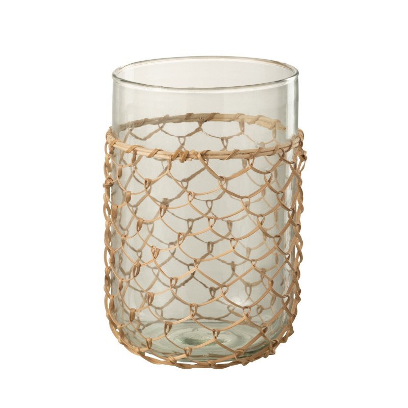 Vase avec filet rotin en verre transparent 14x14x21 cm Vase avec filet rotin en verre transparent 14x14x21 cm