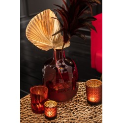 Photophore en verre - Plumes Bordeaux 8x8x9 cm