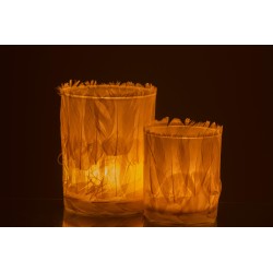 Photophore en verre - Plumes crème 10x10x12 cm