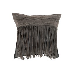 Coussin carré avec franges en cuir gris foncé 43x43cm