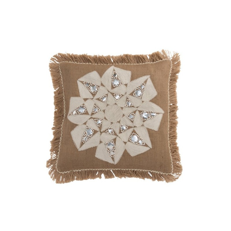 Coussin avec motif fleur et franges en jute naturel L49cm - Coussin d'extérieur