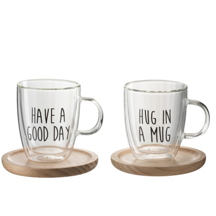 Lote de 2 tazas con inscripción negra y platillo de madera de 14 cm de diámetro