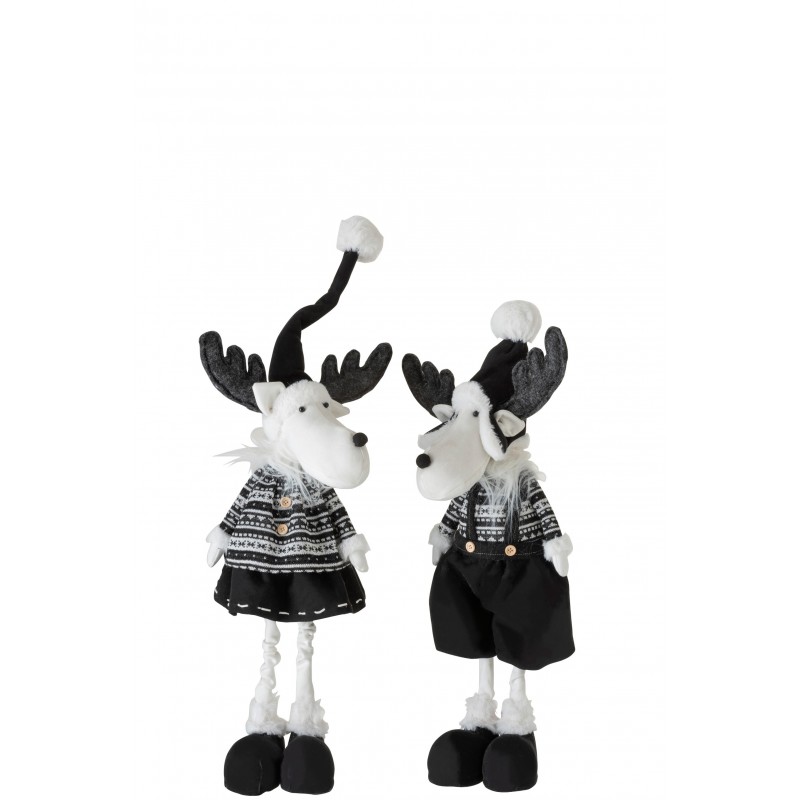 Lot de 2 rennes debout décoratifs en textile noir et blanc H63cm