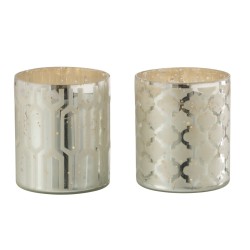 Lot de 2 photophores à motifs en verre argent 8x8x9cm