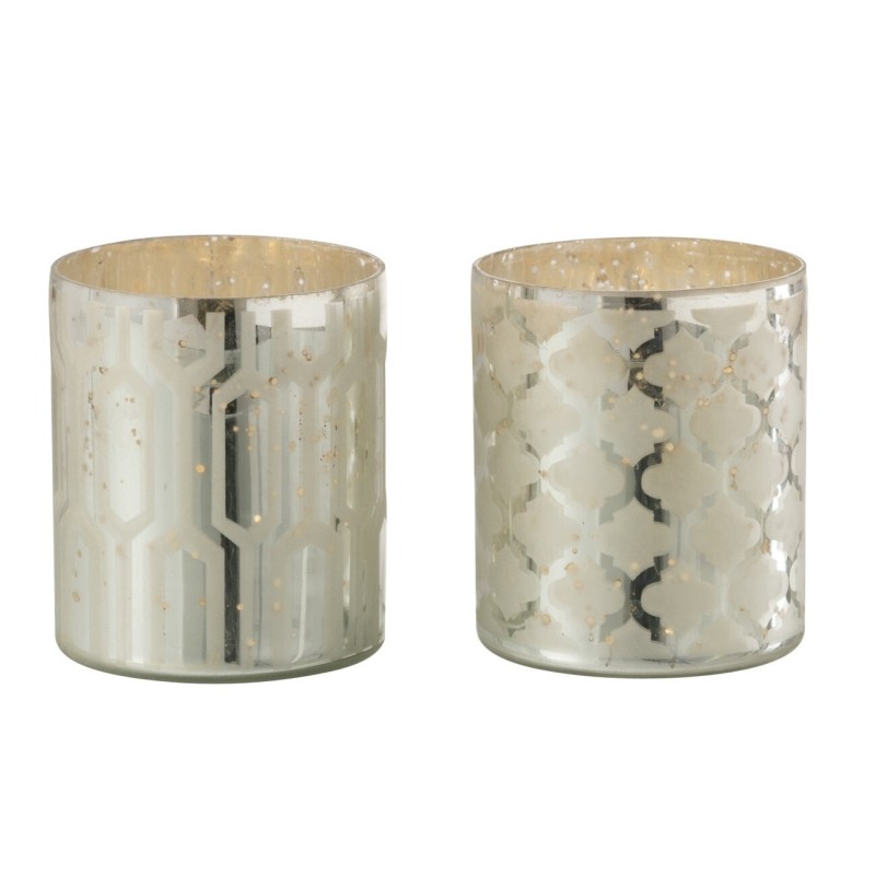 Lot de 2 photophores à motifs en verre argent 8x8x9cm Lot de 2 photophores à motifs en verre argent 8x8x9cm