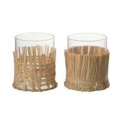 Set de 2 vases avec raffia en verre multicouleur 9x9x10 cm
