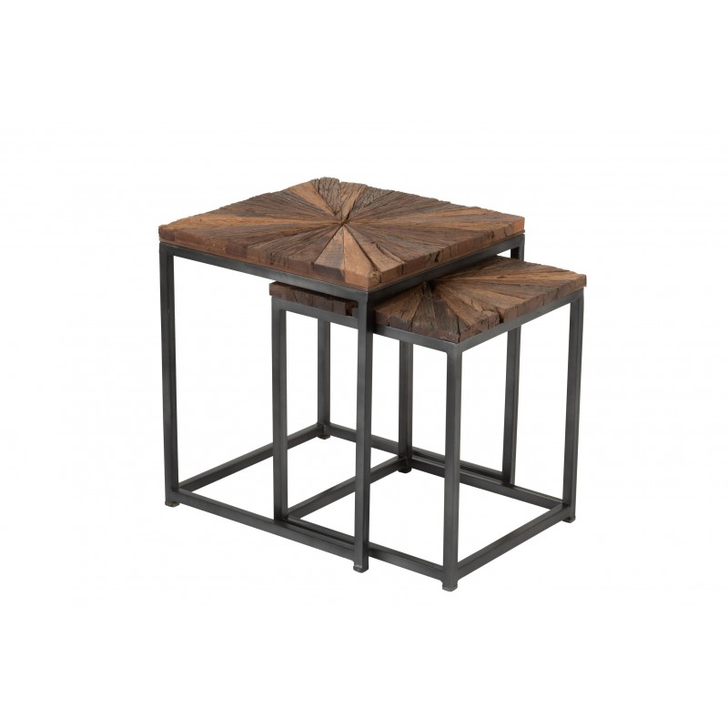 Set de 2 tables gigognes en bois marron et métal noir 43.5x43.5x51.5 cm