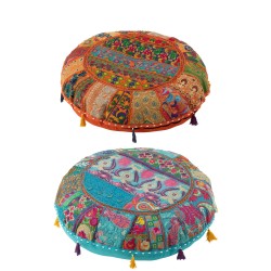 Pouf rond plat en coton/lin/polyester multicolore 55x55x20 cm