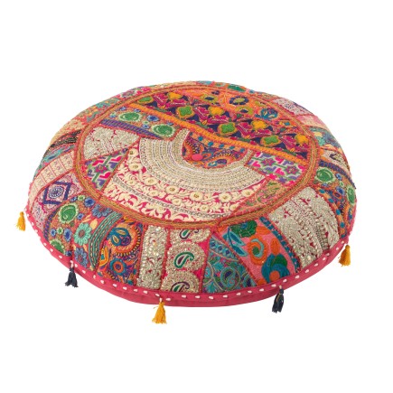 Pouf rond plat motifs+floches en coton/lin/polyester rose 80x80x20 cm