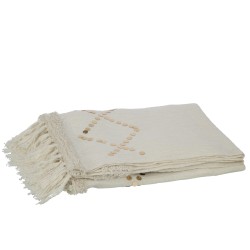 Plaid losanges+franges en coton/lin/polyester blanc/or 130x180x1 cm