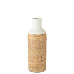 Jarrón de cerámica en tejido blanco y ratán natural 25x25x75 cm