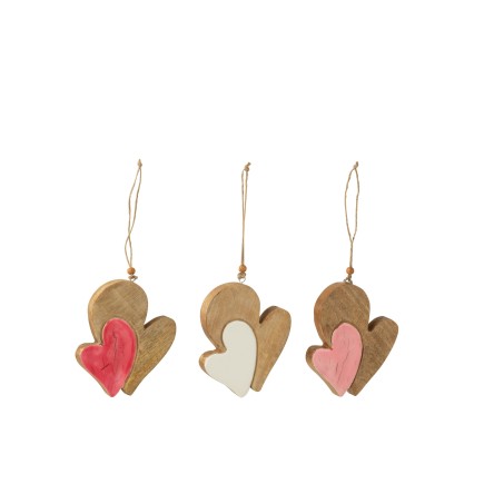 Suspension cœur sculpté en bois multicolore 12x14x1.5 cm assortiment de 3