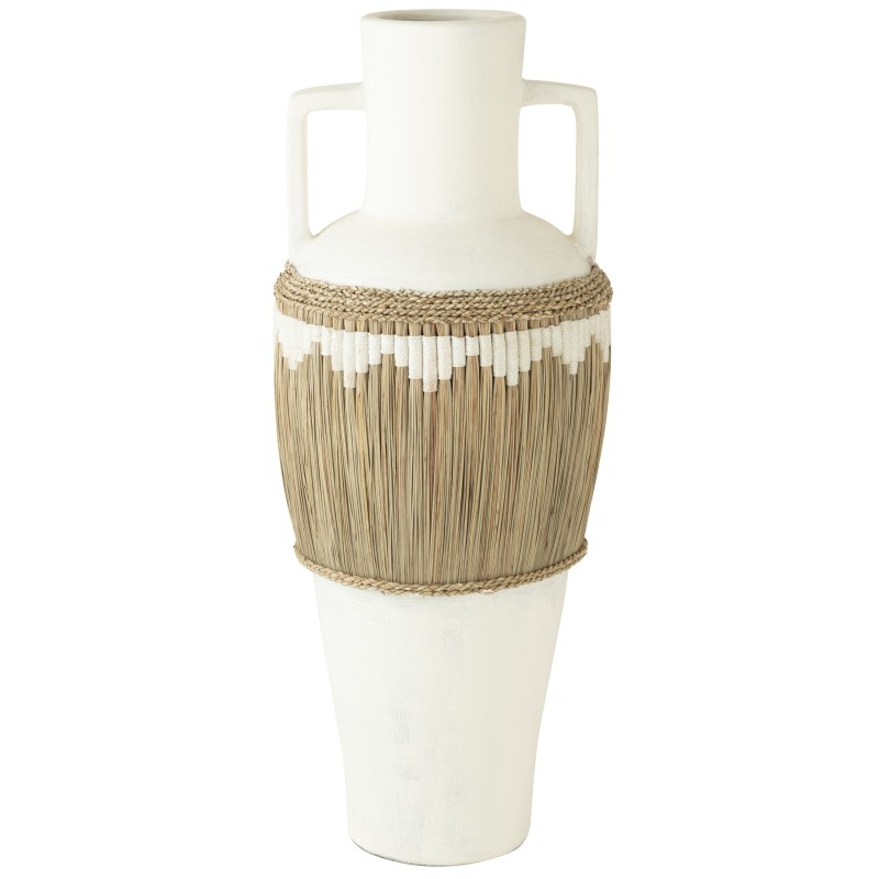 Vase motifs et anses en poterie blanc 43x43x100 cm Vase motifs et anses en poterie blanc 43x43x100 cm