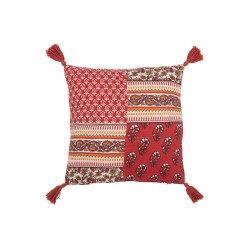 Cojín Flores+Flecos en Algodón Rojo 45x45x12 cm