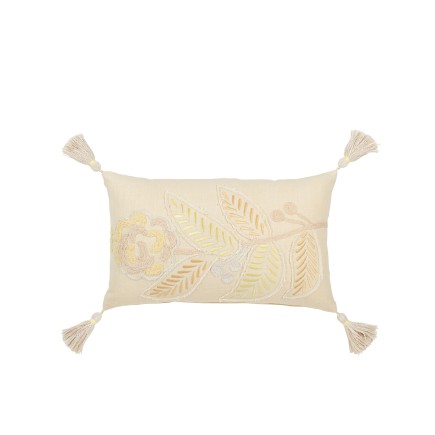 Cojín rectangular flor + flecos en algodón/lino/poliéster amarillo claro 50x30x15 cm