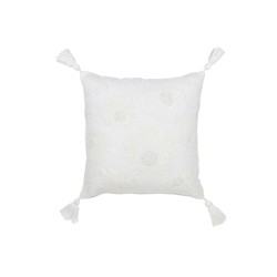 Cojín flores+borlas en algodón blanco 45x45x15 cm
