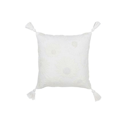 Cojín flores+borlas en algodón blanco 45x45x15 cm