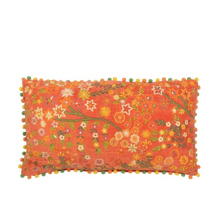 Cojín rectangular flores+pompones en terciopelo naranja 65x35x15 cm