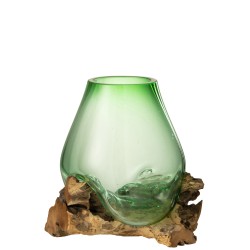 Vaso in vetro riciclato verde con base in legno 29x27x33 cm
