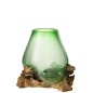 Vaso in vetro riciclato verde con base in legno 29x27x33 cm