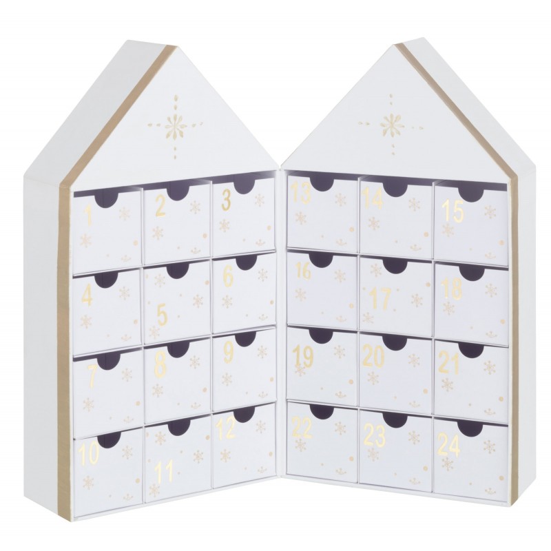 Calendario de Adviento en forma de casa de cartón blanco de 31x7x35 cm