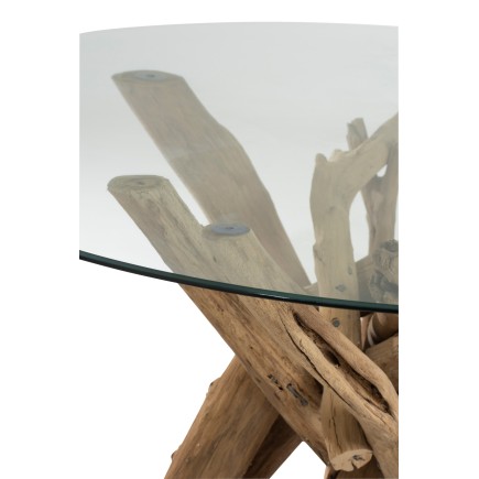Mesa redonda de vidrio y madera natural 128x128x75cm