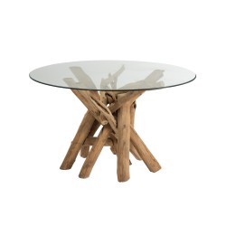 Mesa redonda de vidrio y madera natural 128x128x75cm